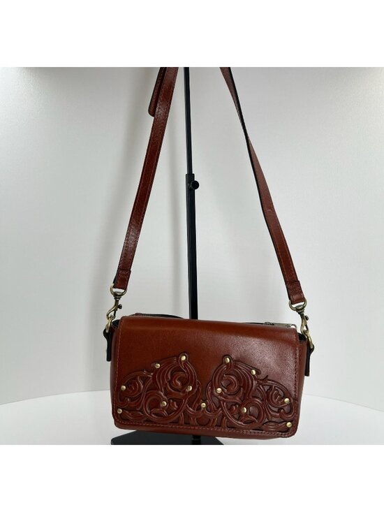 Patricia Nash Handbags - Patricia Nash Lille Studded Leather Crossbody Bag Filigree Tooled Floral Brown